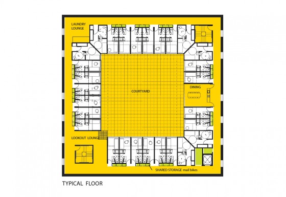 Floor plans of mini-housing units around a central courtyard.
